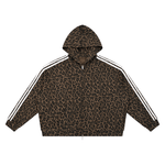 ODMPOD leopard print full-zip hoodie, unisex with three white stripe sleeves and front zip