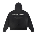 Wolvyn Apparel zip hoodie in black with on-back white text
