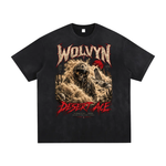 Wolvyn Apparel Desert Ace T-shirt, front view, black vintage-washed with desert scene and red Desert Ace text