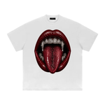 T-shirt by Wolvyn Apparel: white heavyweight drop-shoulder with red lips and diamond-tooth mouth graphic, front view.