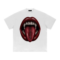 T-shirt by Wolvyn Apparel: white heavyweight drop-shoulder with red lips and diamond-tooth mouth graphic, front view.
