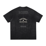 Tshirt in black with vintage-washed back blueprint graphic reading SCOTTSDALE and WOLVYN APPAREL