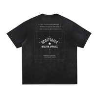 Tshirt in black with vintage-washed back blueprint graphic reading SCOTTSDALE and WOLVYN APPAREL