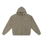 Flat-lay Wolvyn Apparel hoodie, Foundations Script Zip-Through fleece in taupe, Desert Luxury Streetwear.