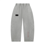 Villain pants, unisex gray mineral-wash barrel-leg with elastic waist; black patch on thigh and red vertical branding.