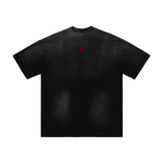 T-shirt, Wolvyn Apparel First Touch Hand-Frayed Sunfade; back view, black sunfade fabric with small red logo on upper back.