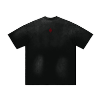 T-shirt, Wolvyn Apparel First Touch Hand-Frayed Sunfade; back view, black sunfade fabric with small red logo on upper back.