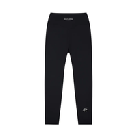 Leggings, black Wolvyn Apparel Standard Issue high-waisted yoga leggings; back view with waistband logo.