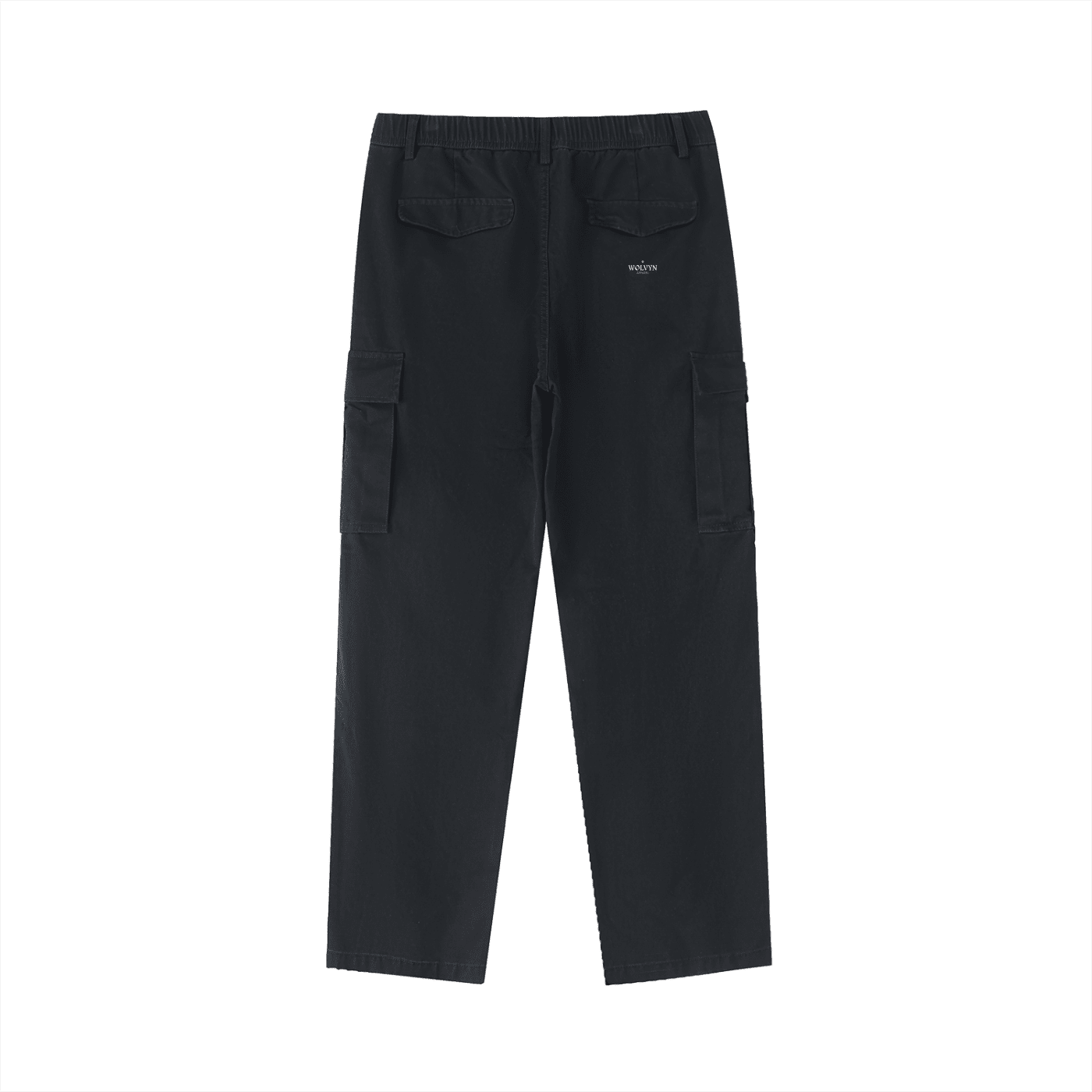 Black cotton cargo pants with elastic waist, back and side pockets, flat lay on white background