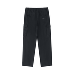 Black cotton cargo pants with elastic waist, back and side pockets, flat lay on white background