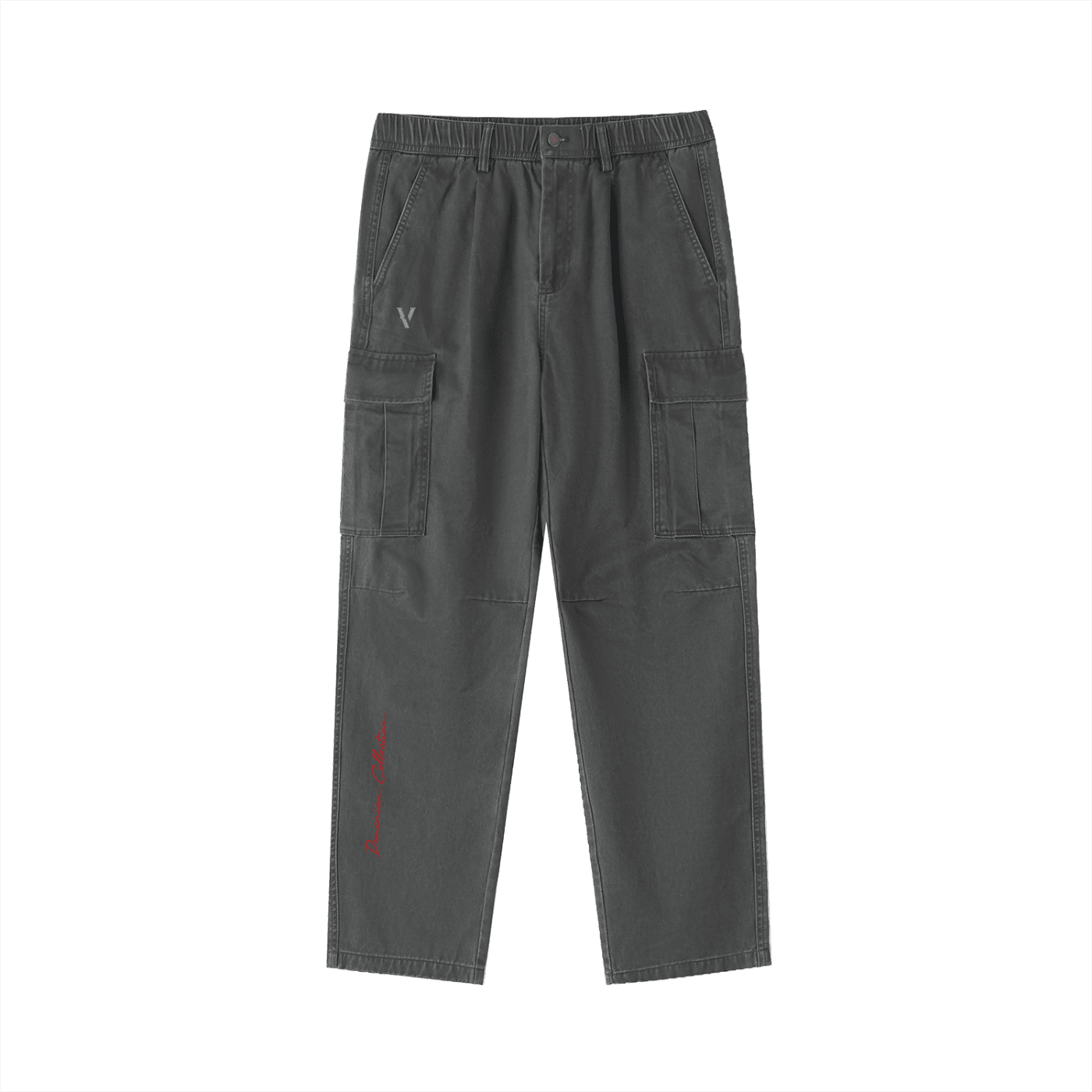 Dark gray cotton cargo pants with elastic waist, side pockets, and utility pockets.