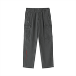 Dark gray cotton cargo pants with elastic waist, side pockets, and utility pockets.