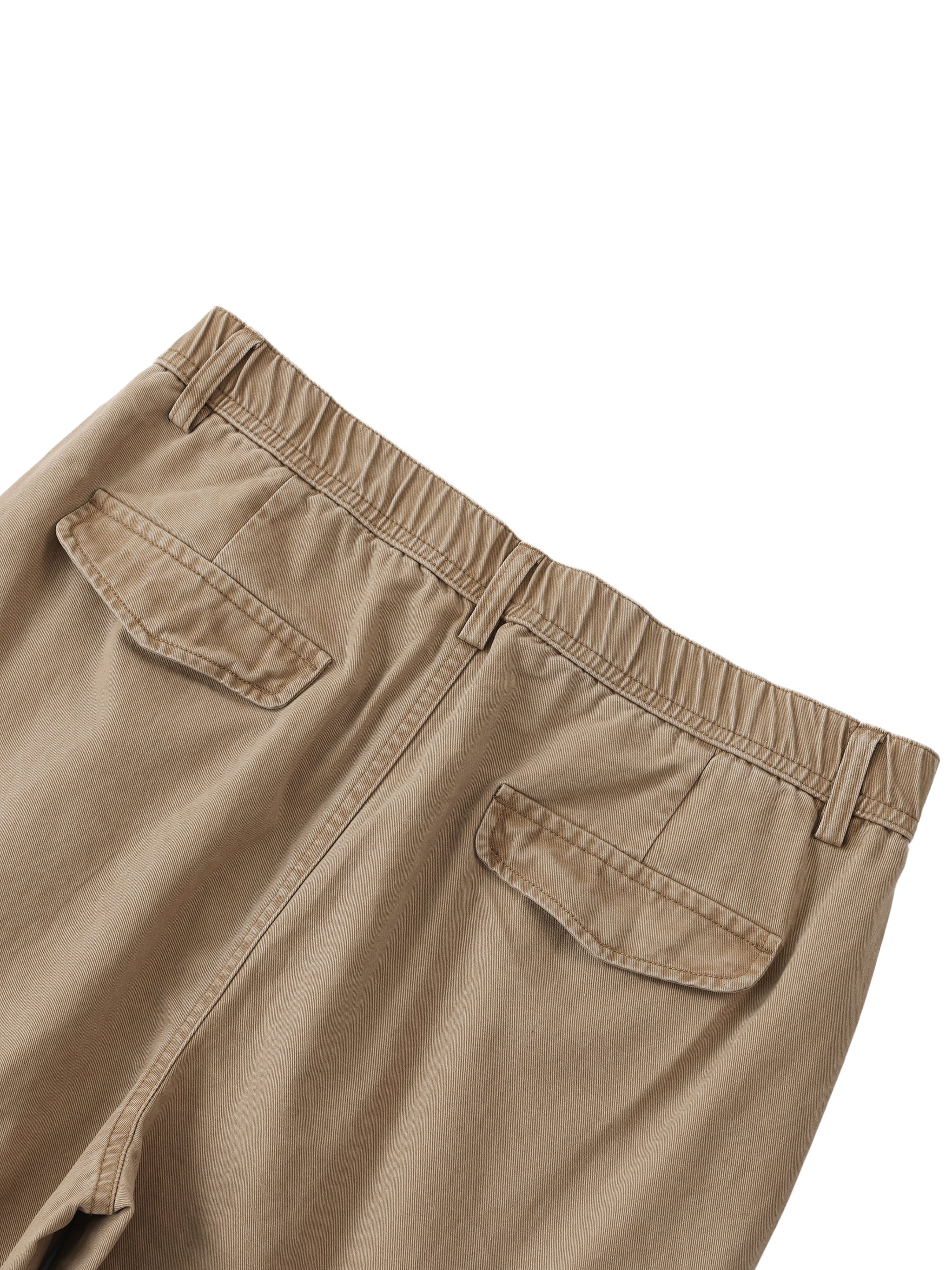 Beige cotton cargo pants with elastic waist and back flap pockets, streetwear style