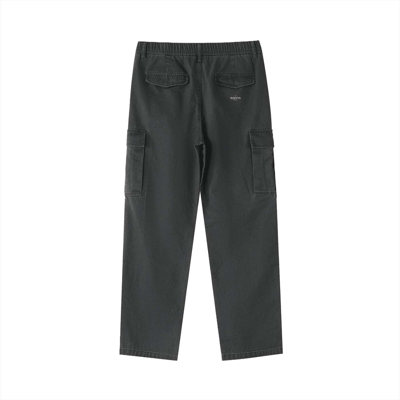 Black cotton cargo pants with elastic waist and side cargo pockets, back view.