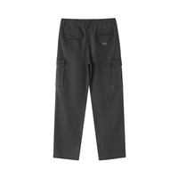 Black cotton cargo pants with elastic waist and side cargo pockets, back view.