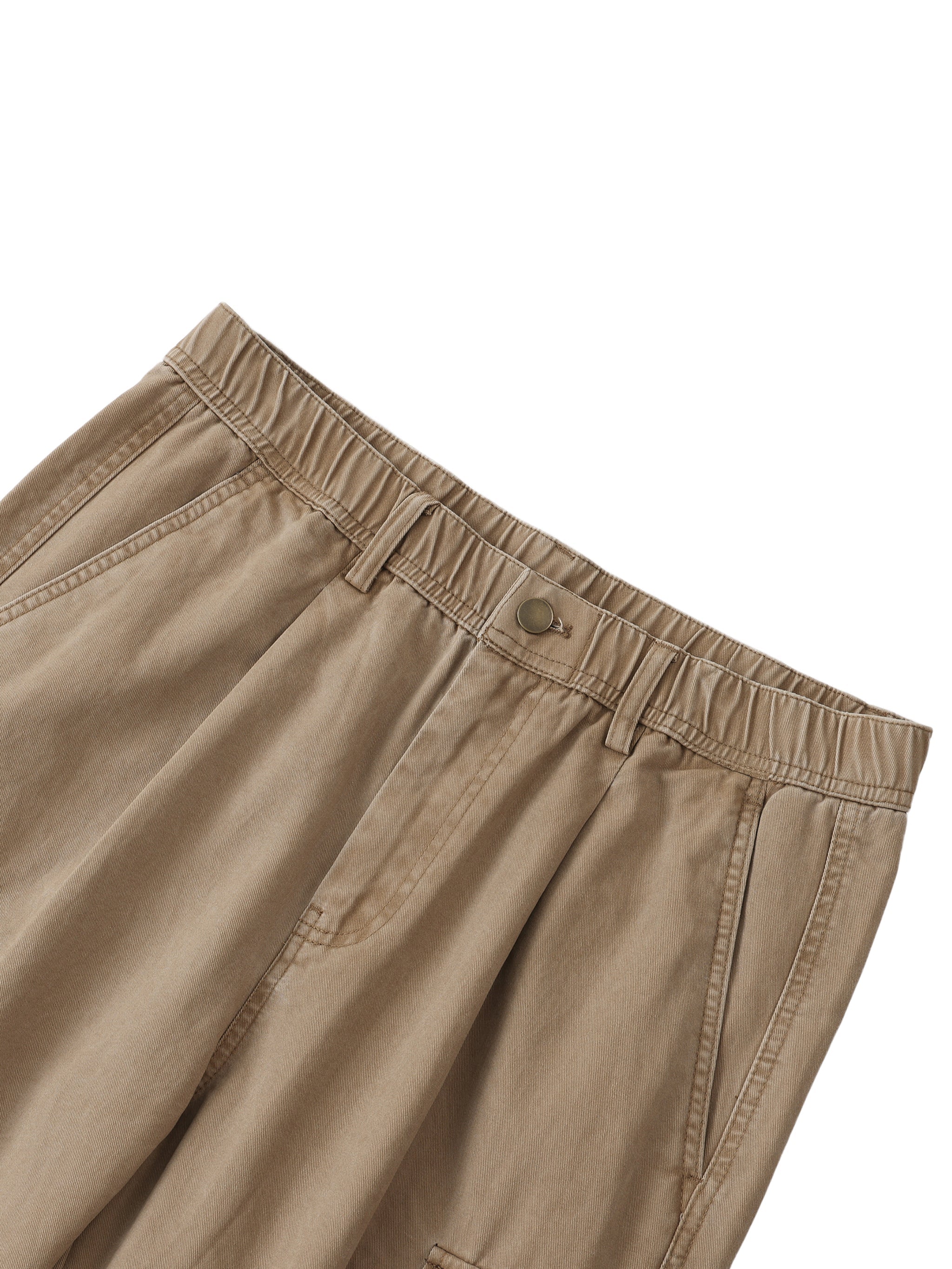 Beige cotton cargo pants with elastic waist and button closure, front pocket detail