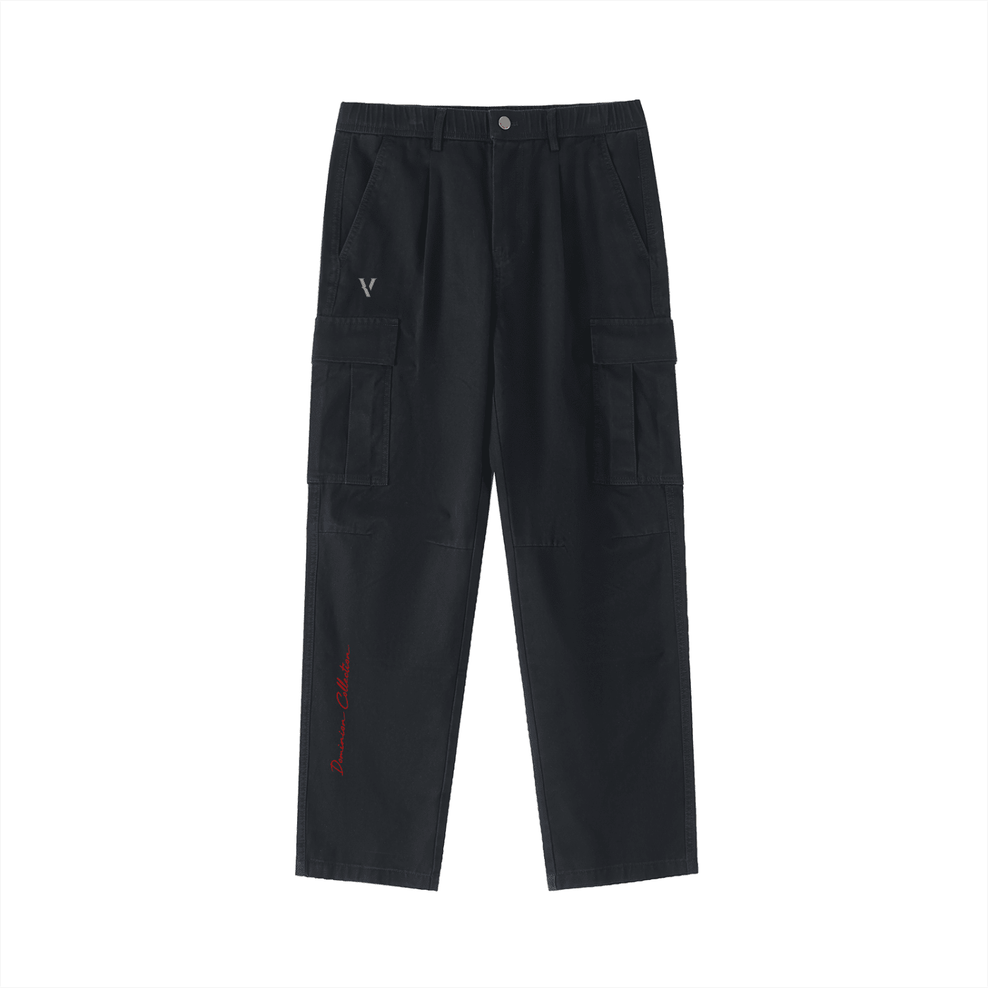 Black cotton cargo pants with elastic waist, side pockets, and red script detail