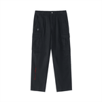 Black cotton cargo pants with elastic waist, side pockets, and red script detail