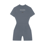 Wolvyn Apparel women's quarter-zip short-sleeve romper bodysuit in gray-blue with logo on back