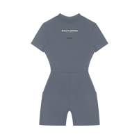Wolvyn Apparel women's quarter-zip short-sleeve romper bodysuit in gray-blue with logo on back