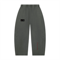 Villain Disruptor pants for unisex in charcoal gray mineral-wash with barrel-leg cut and red Villain logo on leg