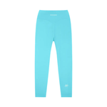 Leggings Wolvyn Apparel turquoise high-waisted yoga leggings with back waistband logo.