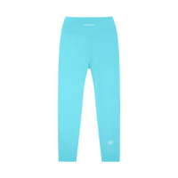 Leggings Wolvyn Apparel turquoise high-waisted yoga leggings with back waistband logo.
