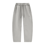 Wolvyn Apparel Foundations Layer 002 unisex grey vintage-wash fleece sweatpants, barrel-leg, drawstring, flat lay.