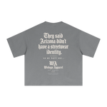 Gray Sorona boxy T-shirt by Wolvyn Apparel with white back print: they said Arizona didn't have a streetwear identity.