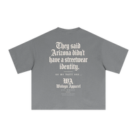 Gray Sorona boxy T-shirt by Wolvyn Apparel with white back print: they said Arizona didn't have a streetwear identity.
