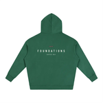 Foundations 002 Oversize Fleeced Hoodie, back view, green fleece with FOUNDATIONS SERIES 002 graphic