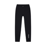 Leggings, black high-waisted yoga style with white STANDARD ISSUE print along the lower leg; front view.