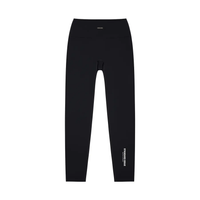 Leggings, black high-waisted yoga style with white STANDARD ISSUE print along the lower leg; front view.