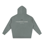 Wolvyn Apparel Foundations 002 oversized fleece hoodie, slate gray, back view with FOUNDATIONS SERIES 002 graphic.