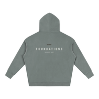 Wolvyn Apparel Foundations 002 oversized fleece hoodie, slate gray, back view with FOUNDATIONS SERIES 002 graphic.