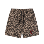Villain by Wolvyn leopard print heavyweight drawstring shorts with red V logo, unisex ODMPOD