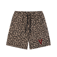 Villain by Wolvyn leopard print heavyweight drawstring shorts with red V logo, unisex ODMPOD