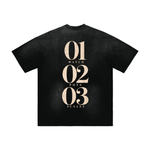 Wolvyn Ambition Hand-Frayed Sunfade T-Shirt, black with vertical beige back graphic 01 WATCH 02 POTS 03 SCALES by ODMPOD