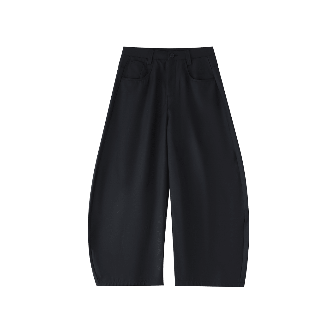 Black barrel-leg dress pants with wide cropped silhouette and front pockets on white background