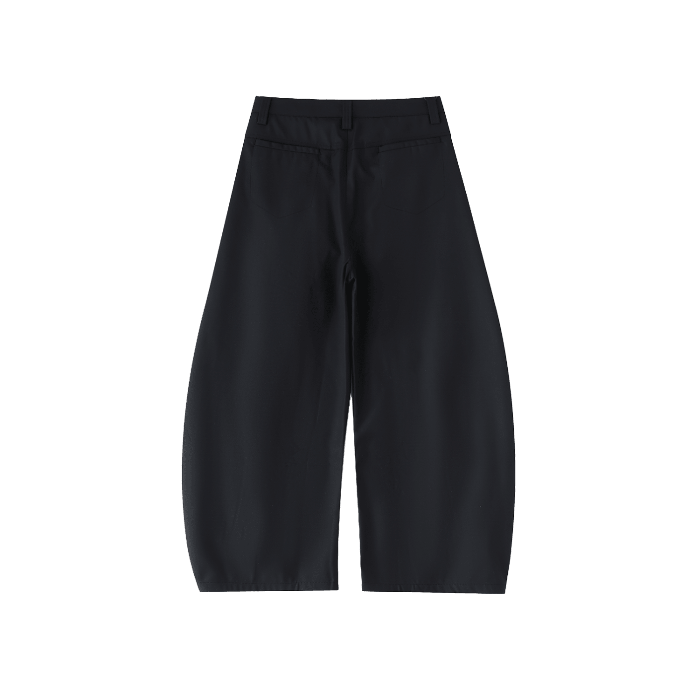 Black barrel-leg dress pants with wide silhouette, back pockets, and belt loops