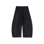 Black barrel-leg dress pants with wide silhouette, back pockets, and belt loops