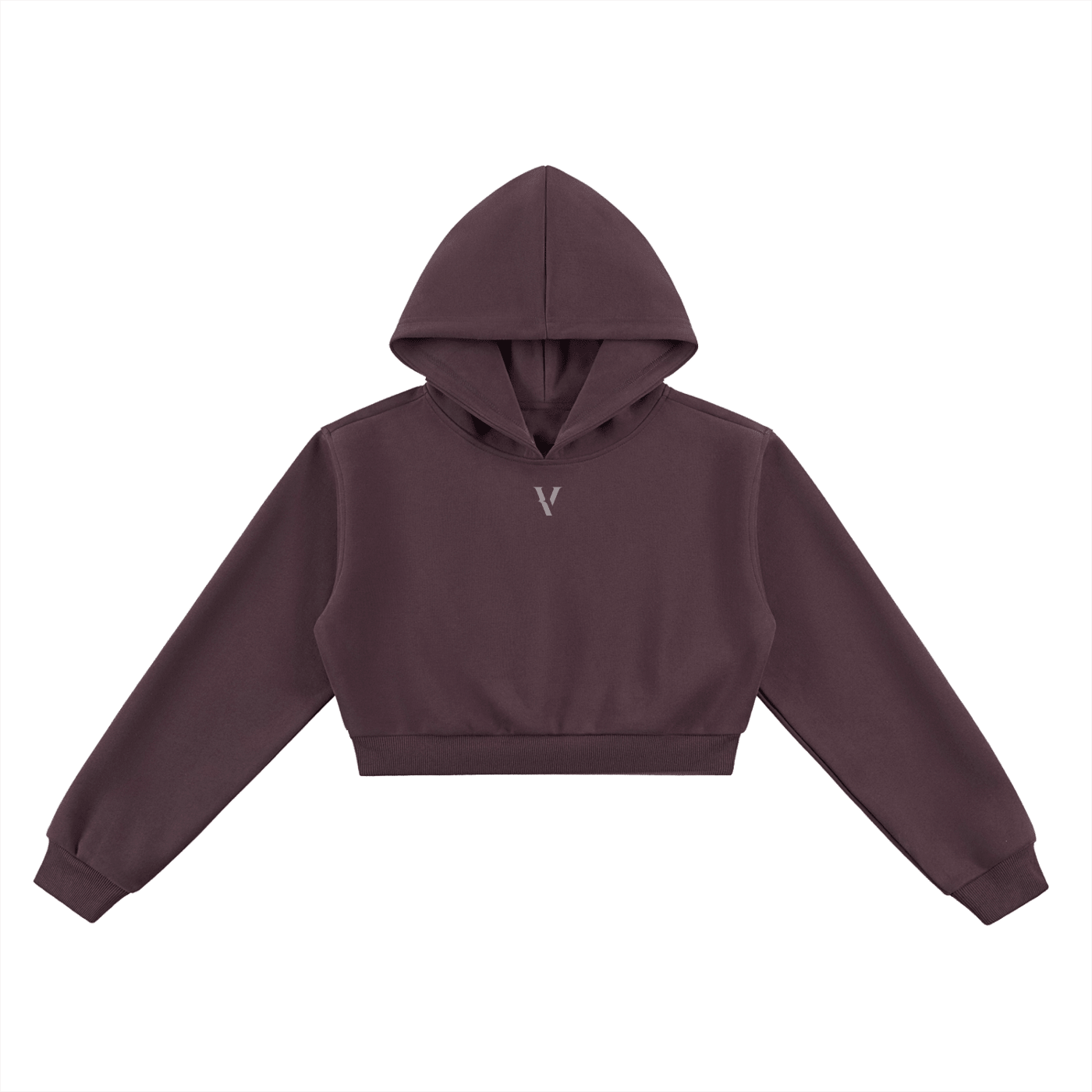 Dark brown cropped hoodie with long sleeves and minimalist chest logo