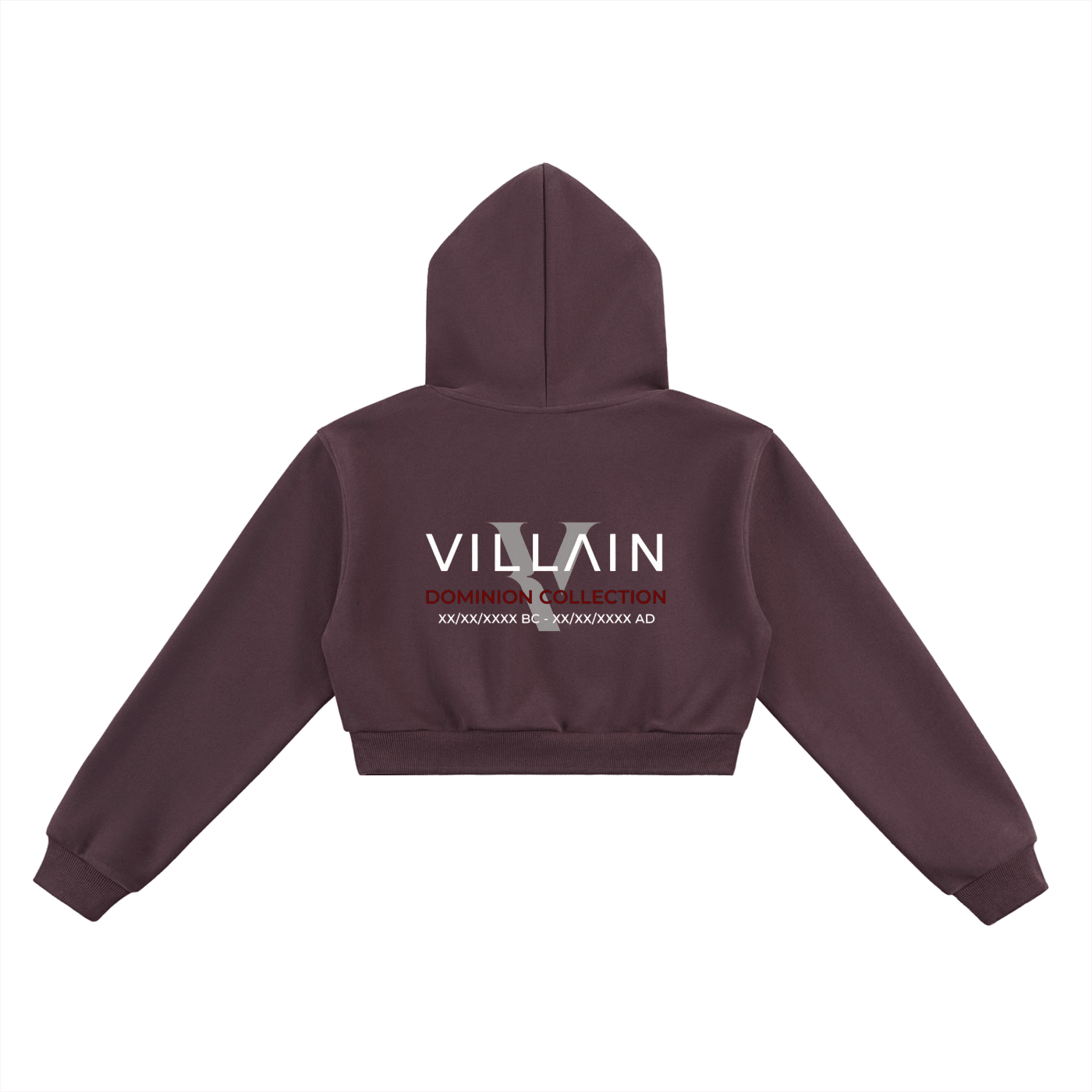 Back view of cropped brown hoodie with 'VILLAIN Dominion Collection' graphic print.
