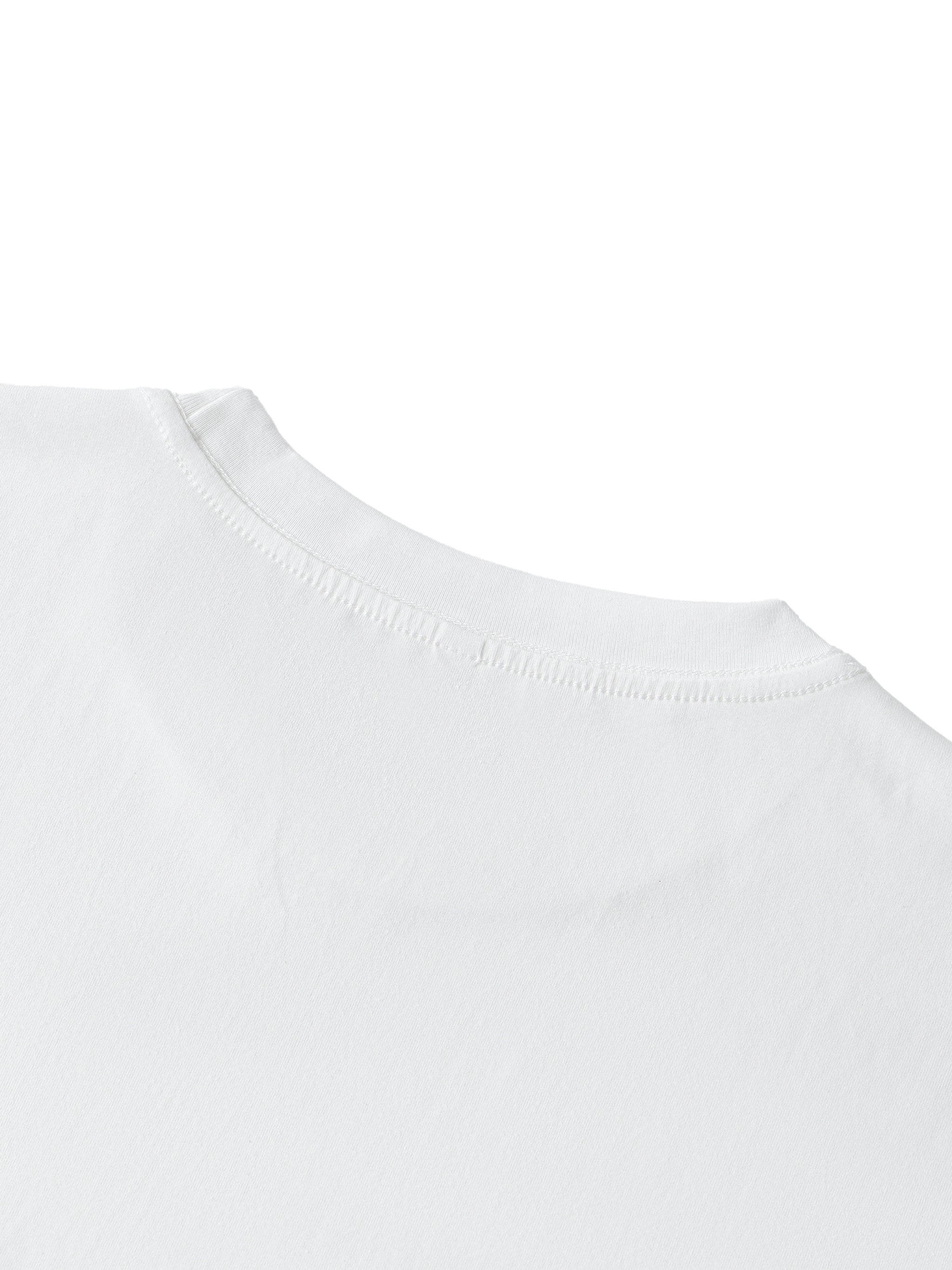 Close-up of white ribbed cotton t-shirt collar and stitching on flat background