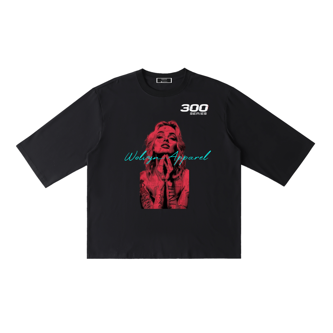 Black half-sleeve t-shirt with red graphic of a woman and bold streetwear text design.