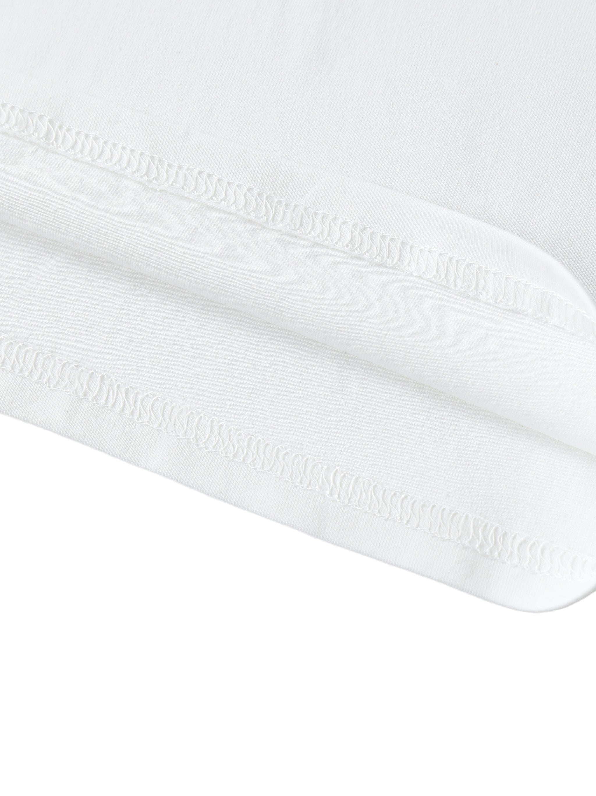 Detailed close-up of white ribbed cotton half sleeve t-shirt with double-stitched hem