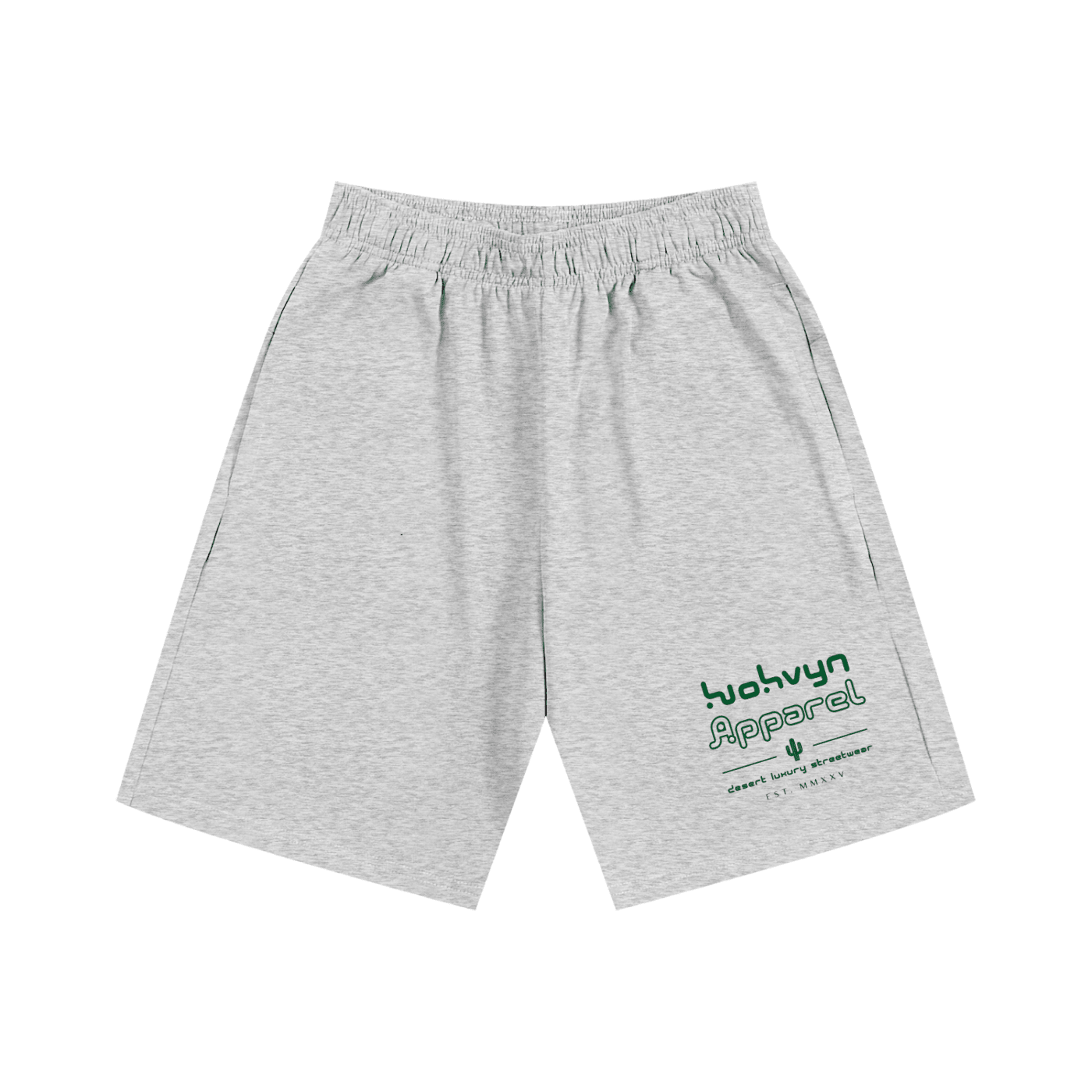 Light gray heavyweight cotton shorts with green graphic text on left leg and elastic waistband