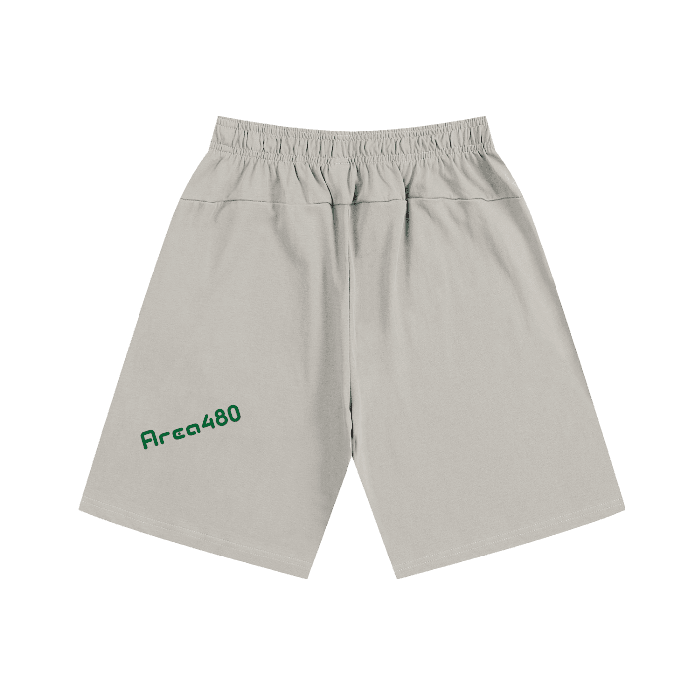 Light grey heavyweight cotton shorts with Area480 text, elastic waistband, streetwear style