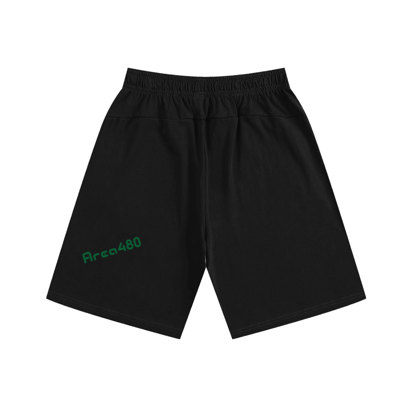 Black heavyweight cotton shorts with green 'Area480' text, elastic waistband, streetwear style