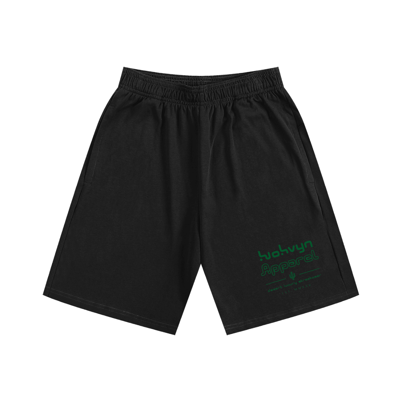 Black heavyweight cotton shorts with elastic waistband and green text graphic on one leg